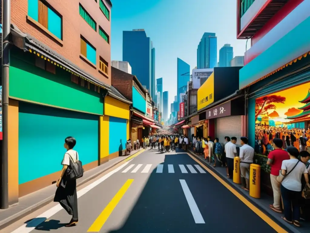 Vibrante ciudad asiática con arte en 3D, impactante escena urbana llena de vida y color