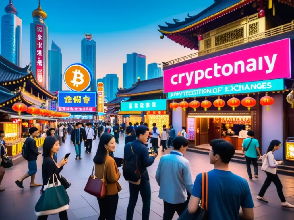 Vibrante ciudad asiática con intercambios de criptomonedas y tecnología financiera