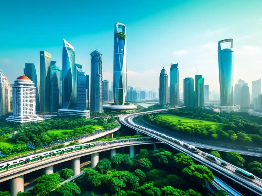 Vibrante ciudad asiática con tecnología smart, rascacielos futuristas y parques verdes, reflejando la esencia de smart cities sostenibles en Asia