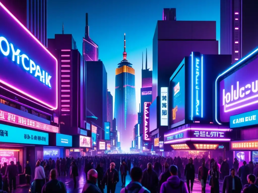 Vibrante ciudad cyberpunk con luces de neón, rascacielos futuristas y gente en las calles