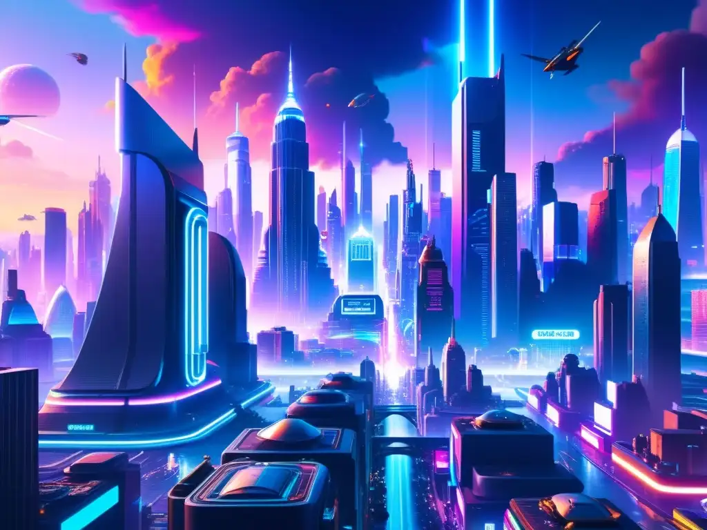 Vibrante ciudad futurista cyberpunk con rascacielos, luces de neón, personas y vehículos voladores