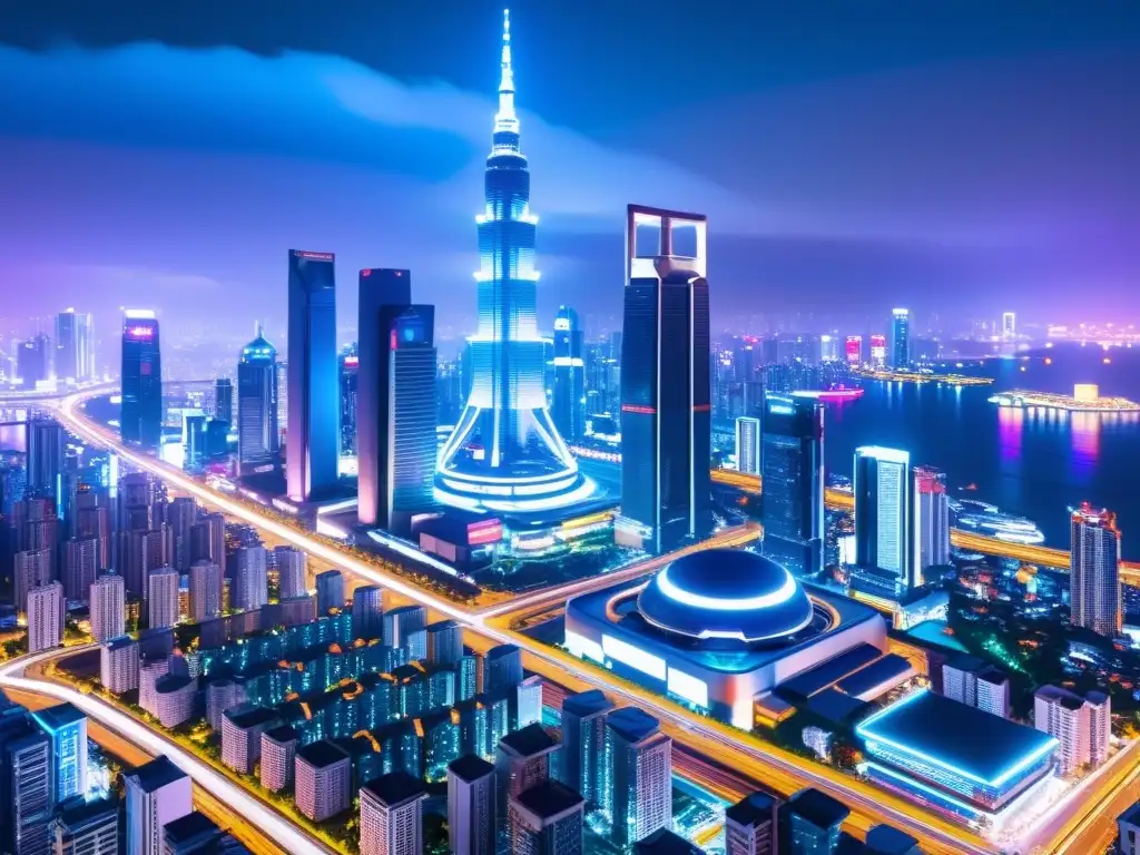 Vibrante ciudad futurista en Asia, con rascacielos y robótica integrada, destacando la revolución industrial de Asia robótica