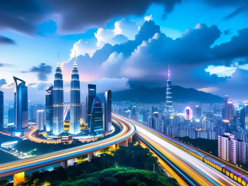 Metrópolis futurista: luces de neón y tren bala en Asia Vibrante ciudad futurista en Asia, con rascacielos imponentes y autopistas elevadas entre luces de neón