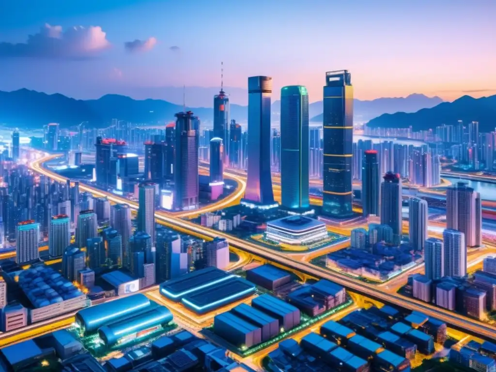 Vibrante ciudad industrial futurista en Asia: Revolución industrial, automatización y AI se fusionan en un paisaje urbano de vanguardia