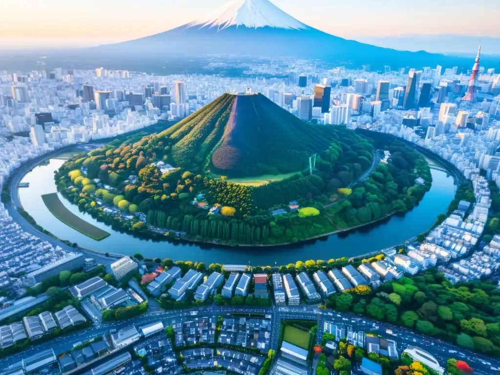 Vibrante ciudad de Tokio con el Monte Fuji al fondo, reflejando la fusión de lo tradicional y lo moderno