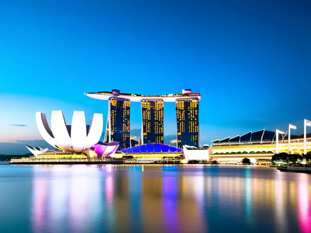 Vibrante ciudad de Singapur de noche, con rascacielos iluminados reflejándose en Marina Bay