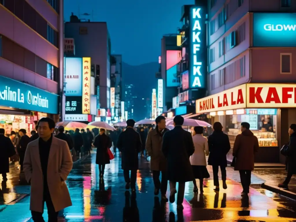 Calles nocturnas: la soledad urbana en 'Kafka en la Orilla' Vibrante ciudad nocturna con luces de neón reflejadas en el pavimento mojado, evocando el análisis de Kafka en la Orilla