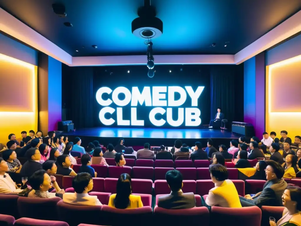 Un vibrante club de comedia en Seúl, con un público diverso disfrutando de un renombrado comediante asiático