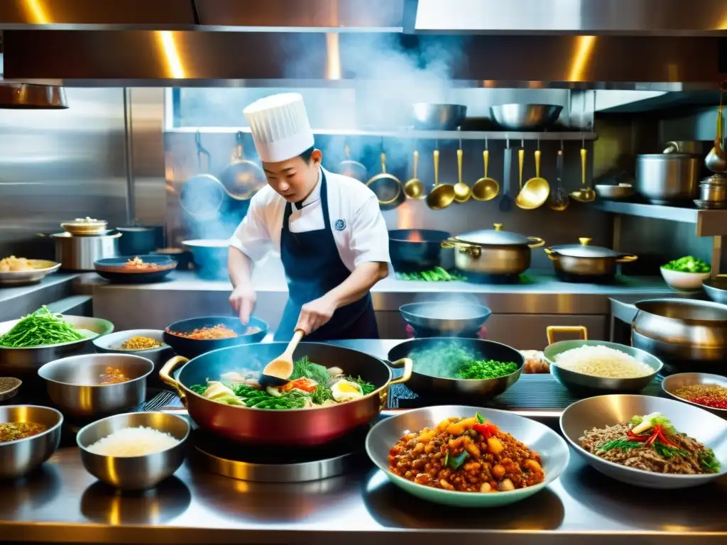 Vibrante cocina china tradicional, chefs preparando platos con los Cinco Elementos, reflejando la esencia culinaria de China