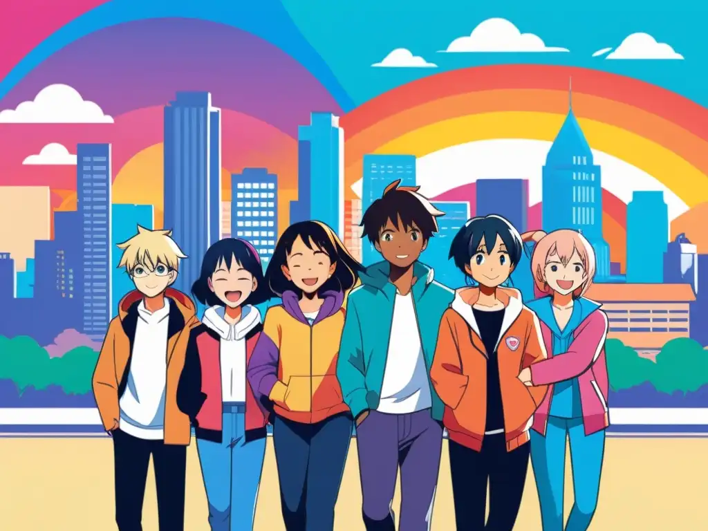 Una ilustración vibrante y colorida de personajes de anime LGBT, representando el amor, la alegría y la diversidad