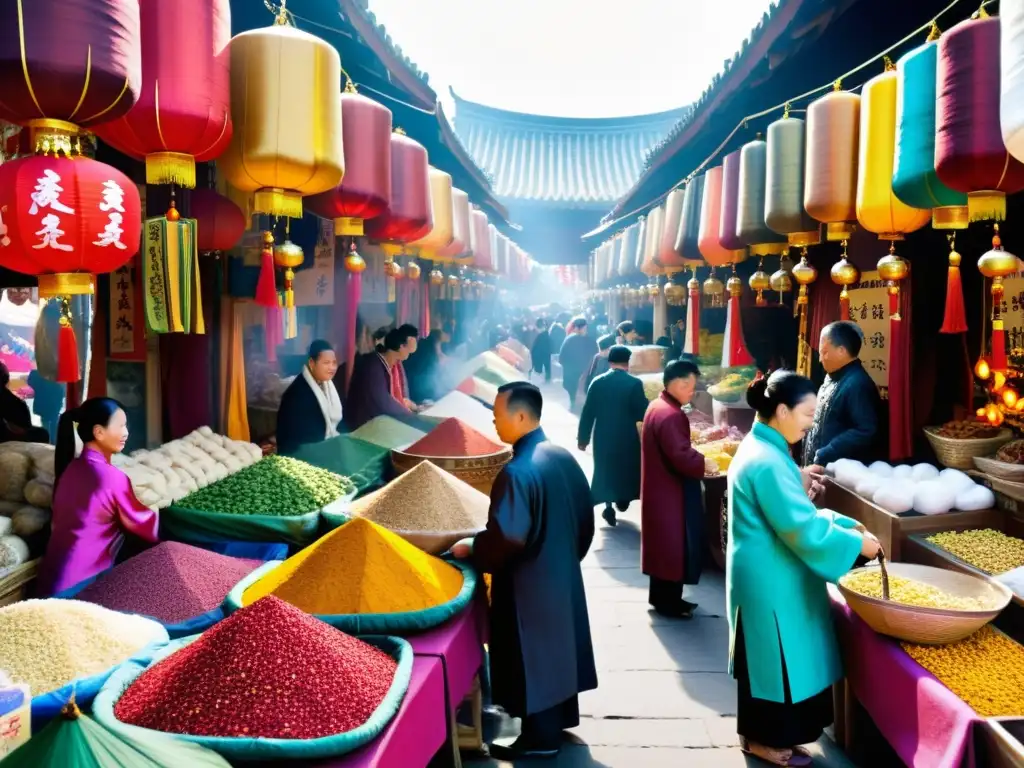 Vibrante comercio de especias y seda en un bullicioso mercado chino antiguo, donde los colores y aromas evocan la antigua escena de comercio y trueque