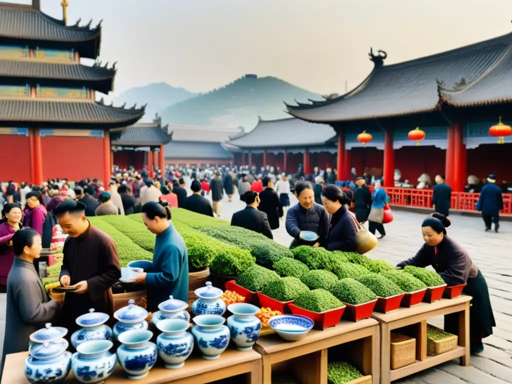 Vibrante comercio de té y porcelana Ming en un bullicioso mercado de la antigua China