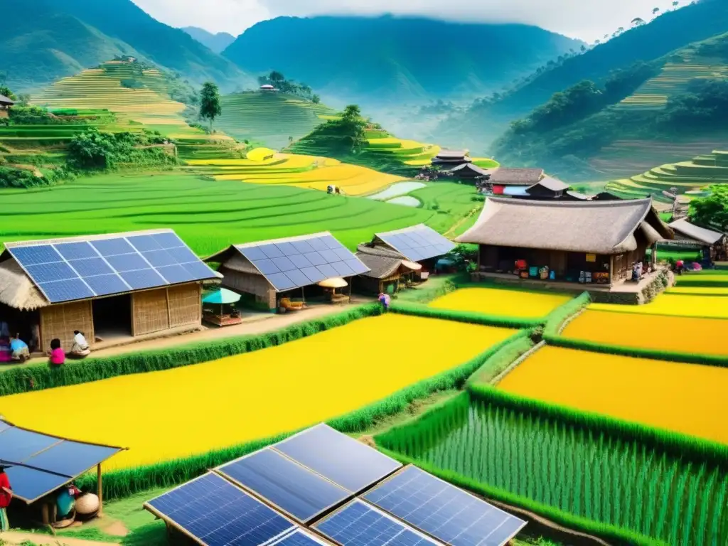 Vibrante comunidad rural asiática con tradición y modernidad, mostrando la vida cotidiana, mercado colorido y paisaje verde