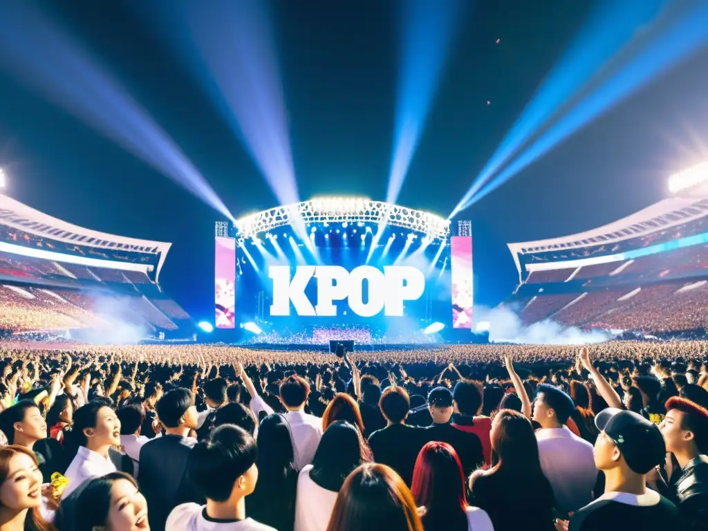 Un vibrante concierto de KPop en un estadio, con fans emocionados y el icónico grupo actuando