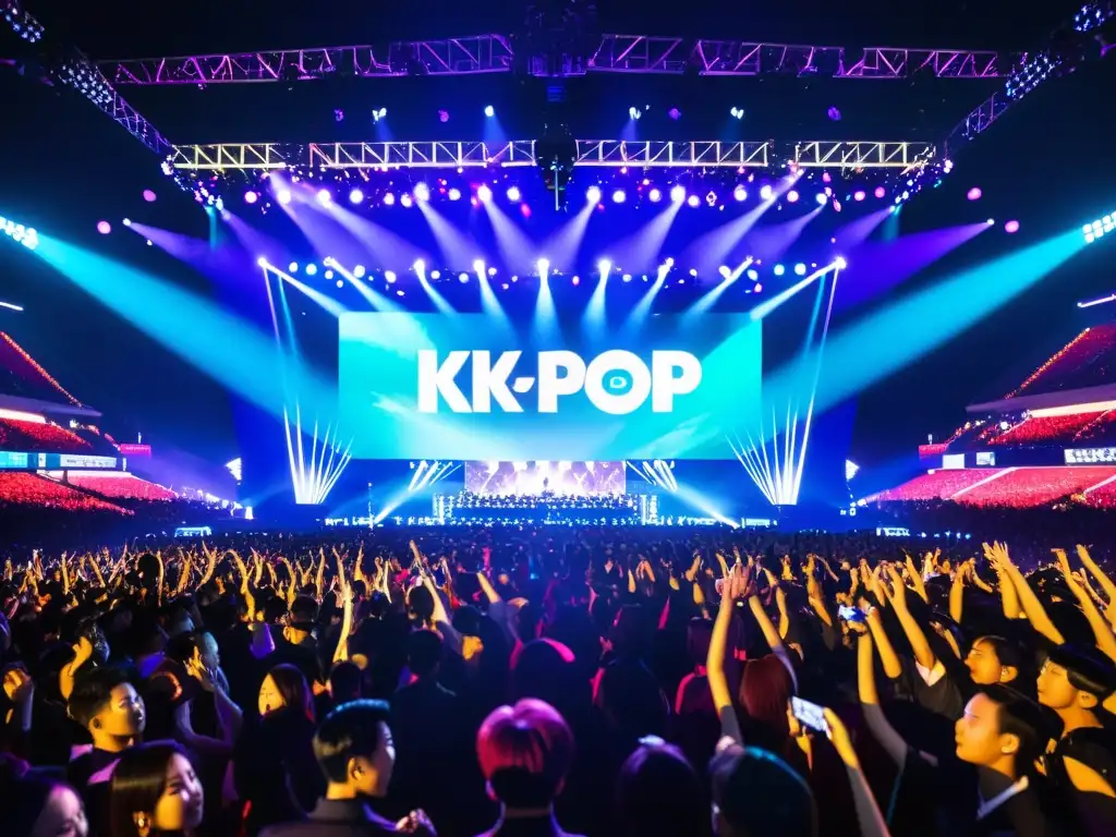 Un vibrante concierto de KPop con fans entusiastas y luces deslumbrantes