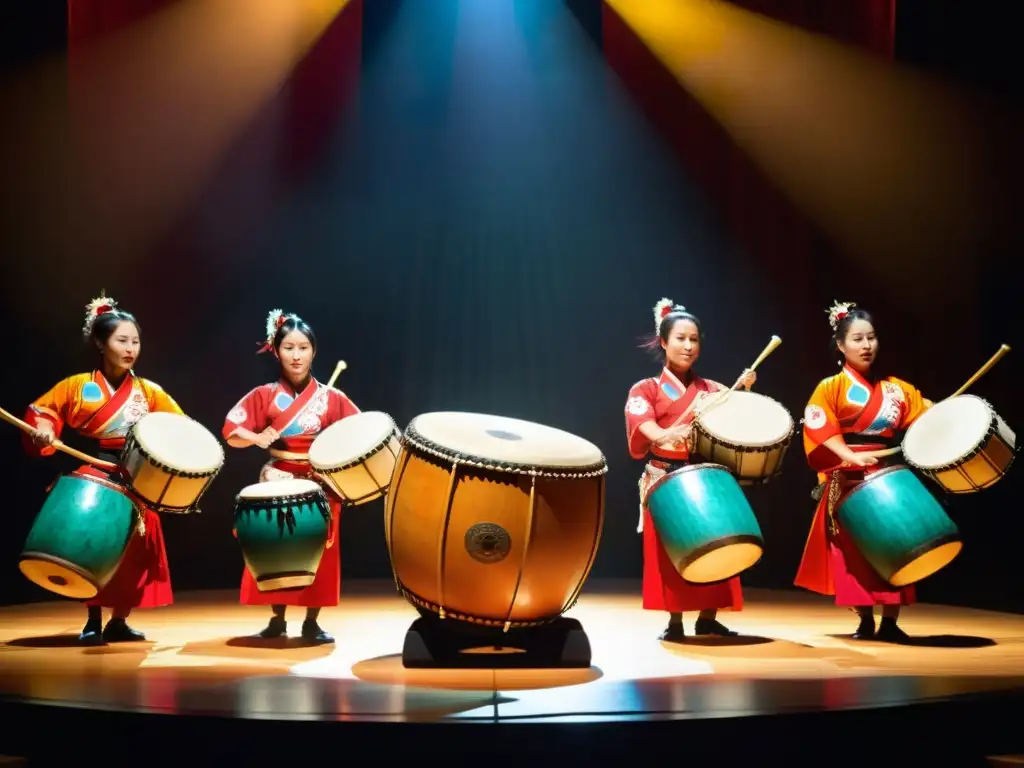 Un vibrante conjunto de taiko japonés, con músicos en trajes tradicionales, tocando con energía bajo el foco en un escenario