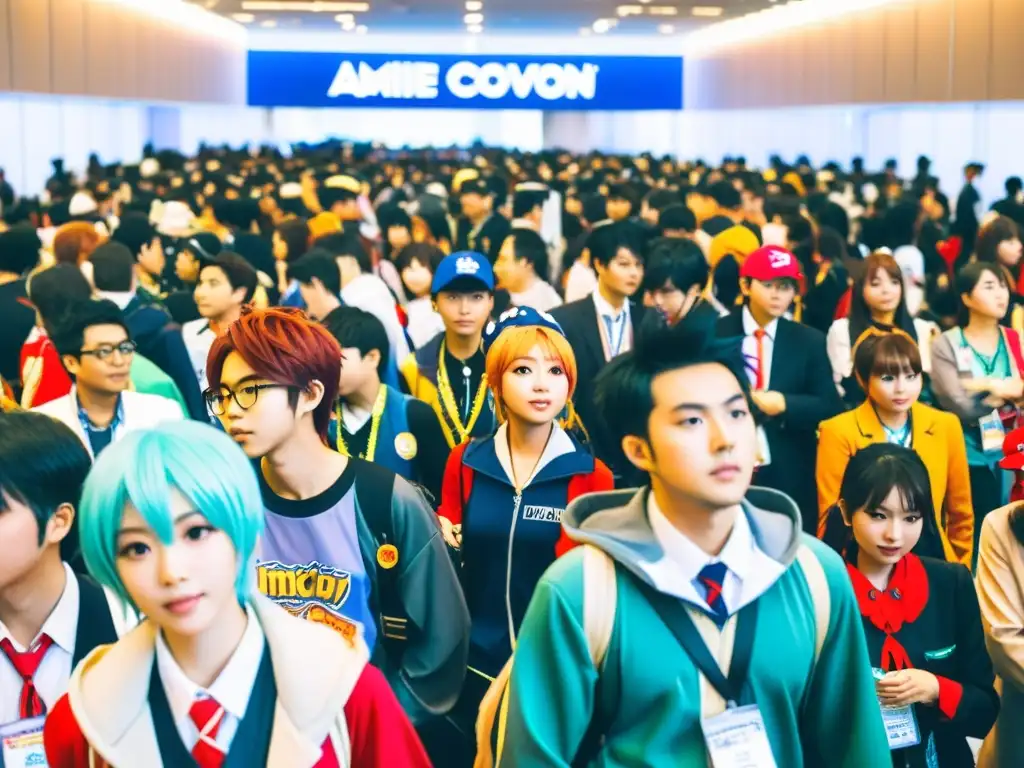 Vibrante convención de anime contemporáneo redefiniendo la imaginación con cosplayers y paneles de debate