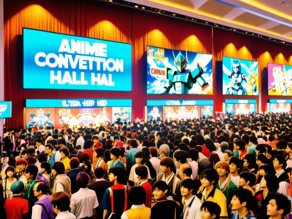 Vibrante convención de anime de los 80 y 90, con cosplayers y fanáticos disfrutando de la cultura asiática de robots anime