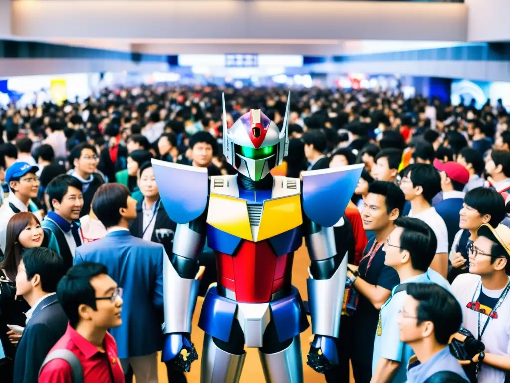 Vibrante convención de anime con cosplayers de icónicos robots como Mazinger Z, Gundam y Neon Genesis Evangelion