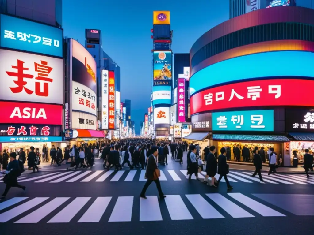 Un vibrante cruce de calles en el distrito Shibuya de Tokio, capturando la energía del cine asiático en la era digital