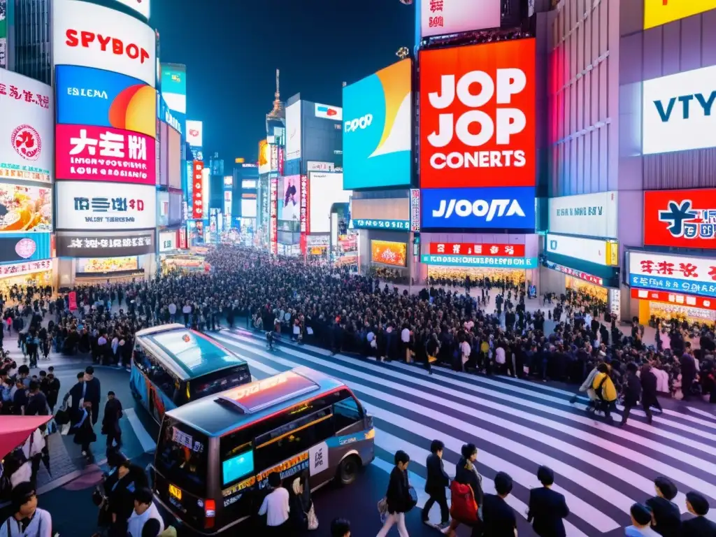 Vibrante cruce de Shibuya en Tokio con luces de neón, multitud y carteles de JPop, reflejando la fusión cultural y el turismo en Japón con JPop