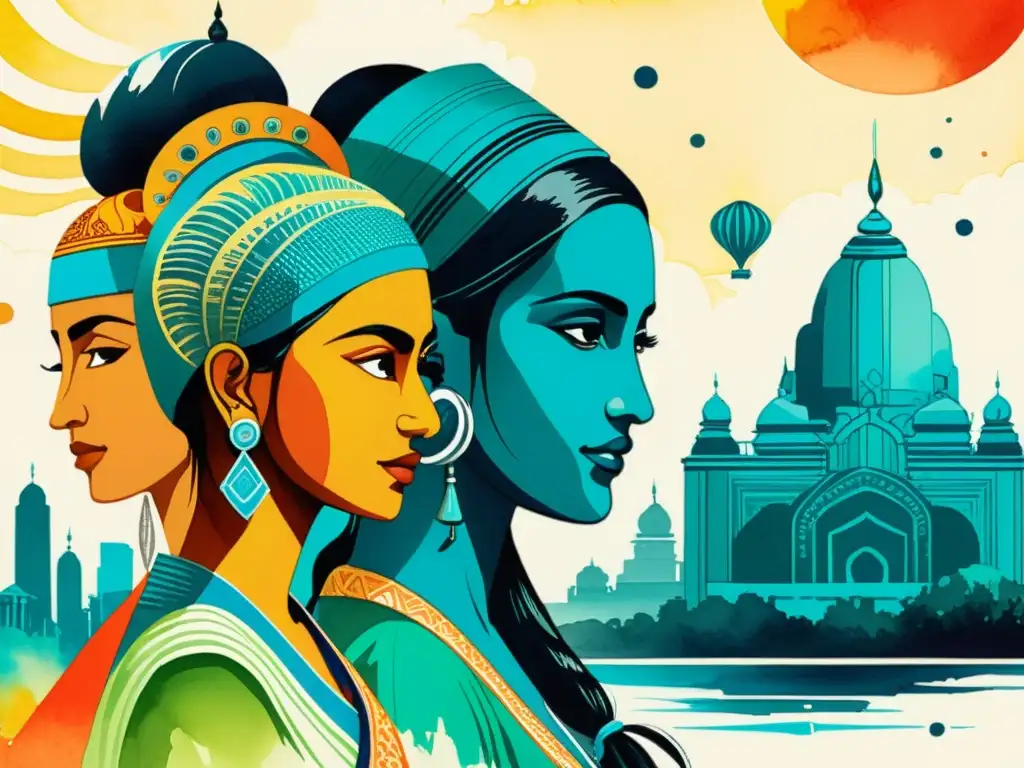 Un vibrante cuadro de fusión modernidad literatura India, donde figuras literarias se entrelazan con futuristas paisajes urbanos