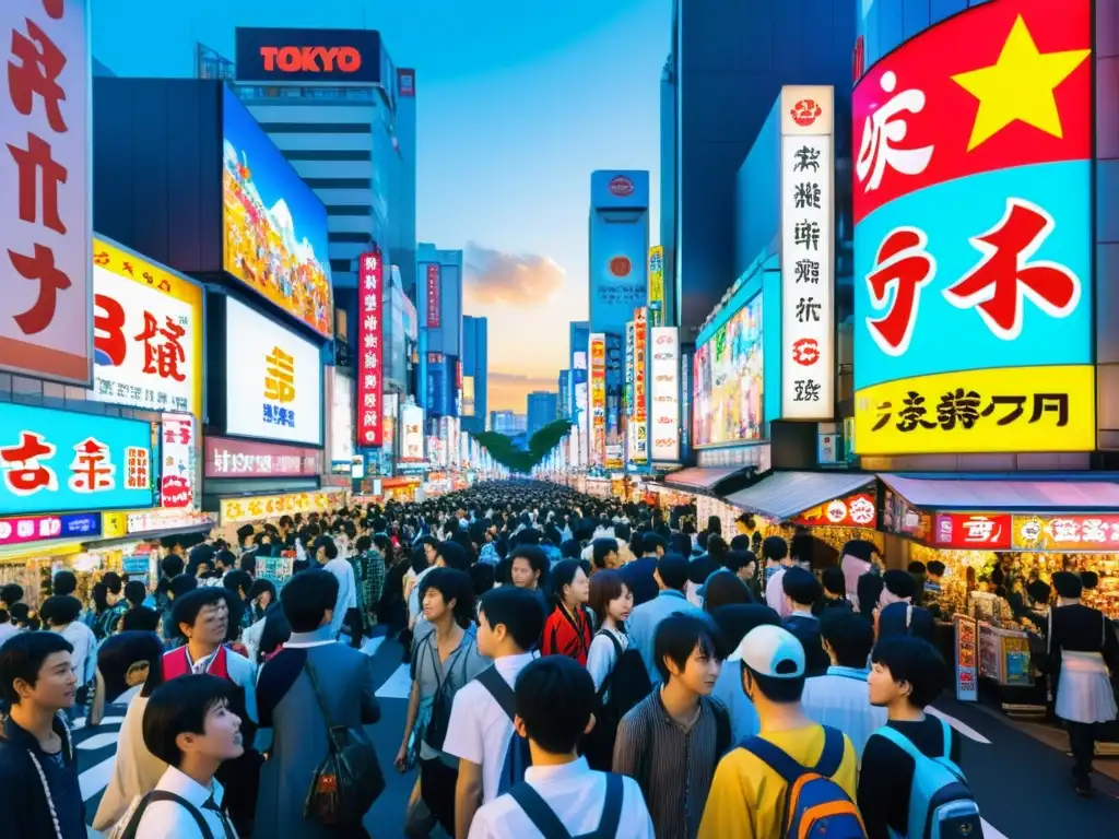 Vibrante cultura pop japonesa en Tokio: bulliciosa calle de Akihabara llena de anuncios de anime, cosplay y tiendas de mercancía única