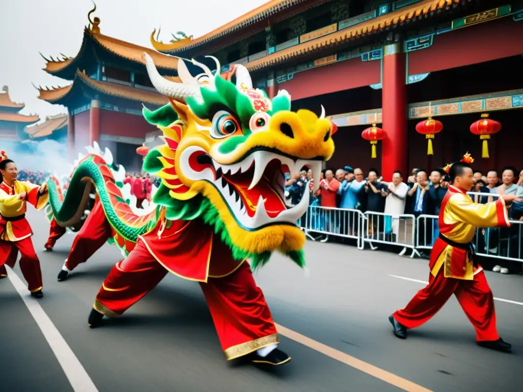 Vibrante interpretación cultural danza del dragón en las calles de China, con coloridos trajes y movimientos dinámicos de los bailarines