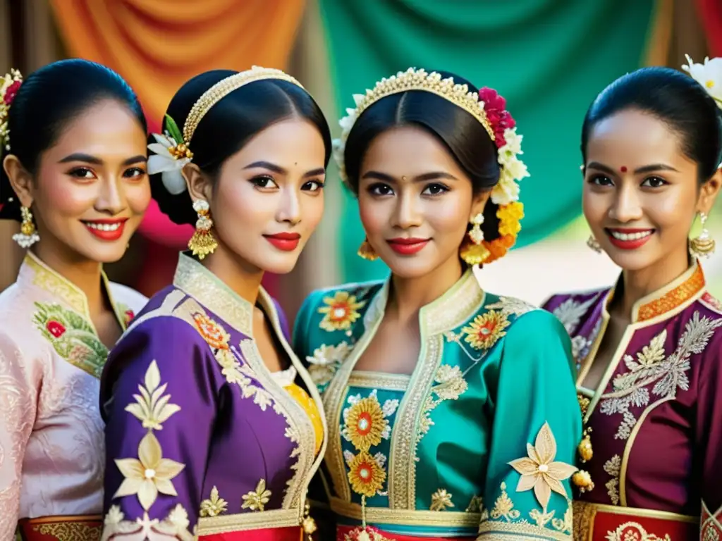 Vibrante celebración cultural en Indonesia con mujeres luciendo el tradicional kebaya, destacando la historia del kebaya en Indonesia