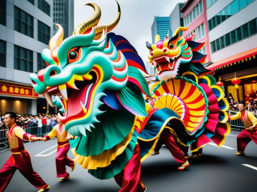 Vibrante danza del dragón asiática para ejercicio en la ciudad llena de energía y tradición