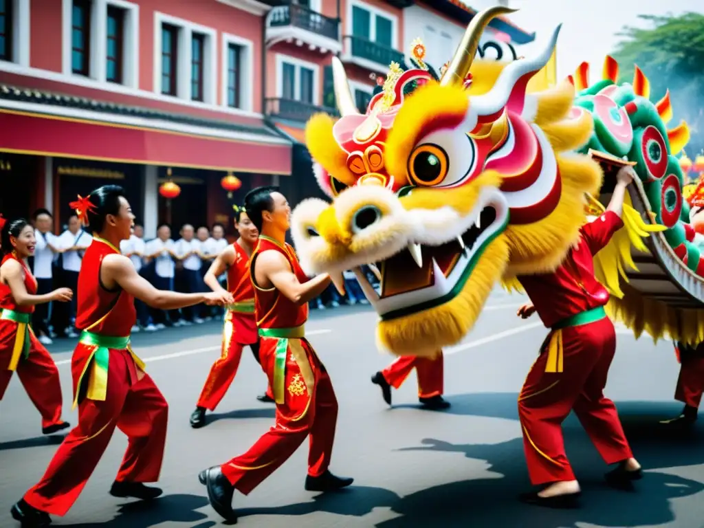 Vibrante danza del dragón asiática para ejercicio, con trajes coloridos, tambores y movimientos sincronizados en desfile festivo