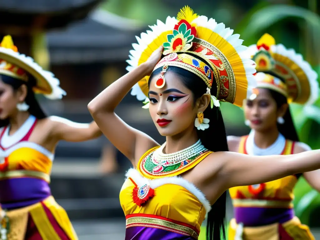 Una vibrante danza balinesa durante el misterio Galungan, con trajes detallados y movimientos expresivos, capturando la esencia espiritual y cultural