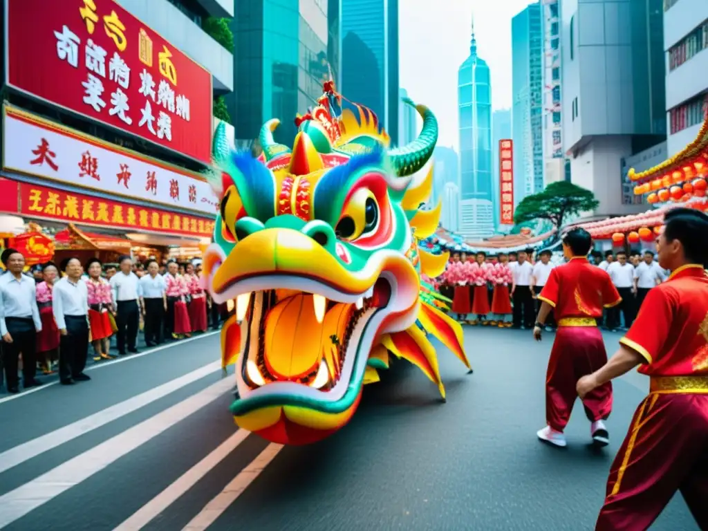 Renacer del dragón Hong Kong: Detalle vibrante de una danza del dragón en las bulliciosas calles de Hong Kong, fusionando tradición y modernidad