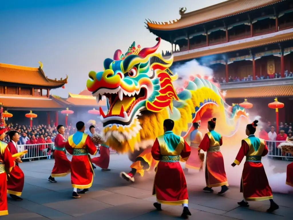 Vibrante danza del dragón al amanecer en celebraciones auténticas de Asia