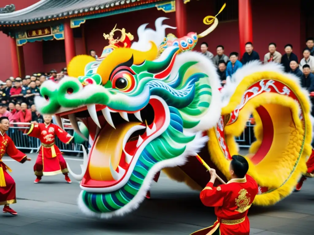 Vibrante danza del dragón chino en festividades tradicionales, con trajes coloridos y energía cultural palpable