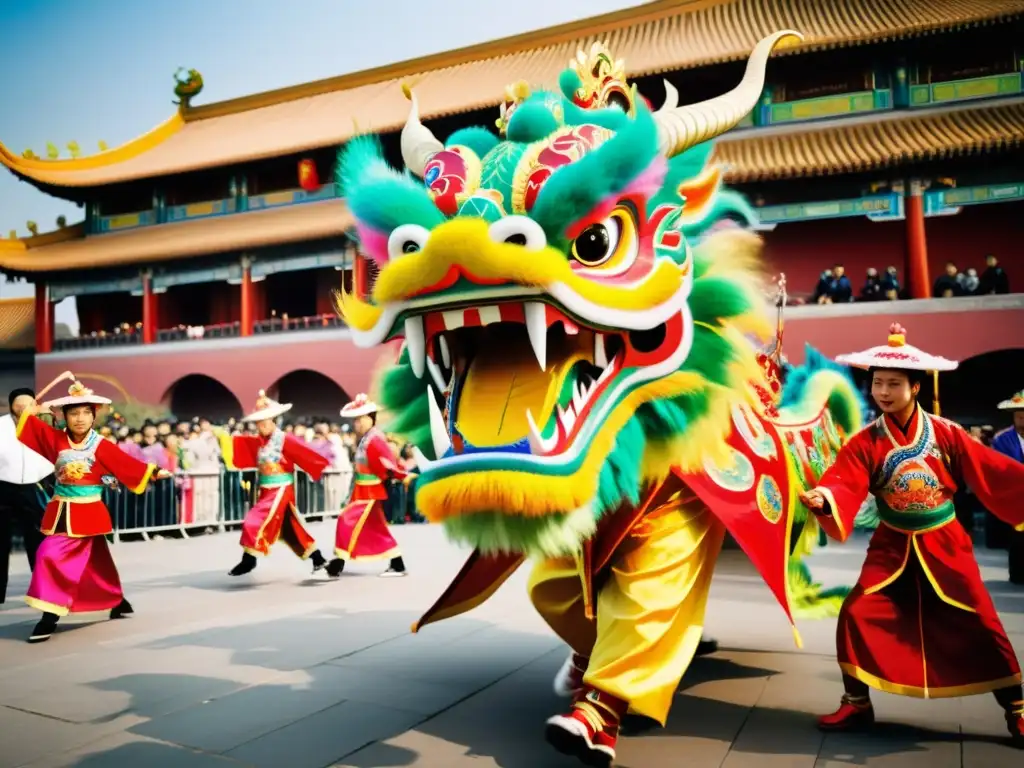 Vibrante danza del dragón en el Festival Qingming, expresión cultural china llena de energía y colorido