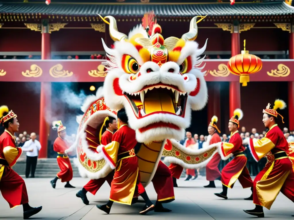 Vibrante danza del dragón en festividad asiática con música tradicional y trajes rojos y dorados en movimiento