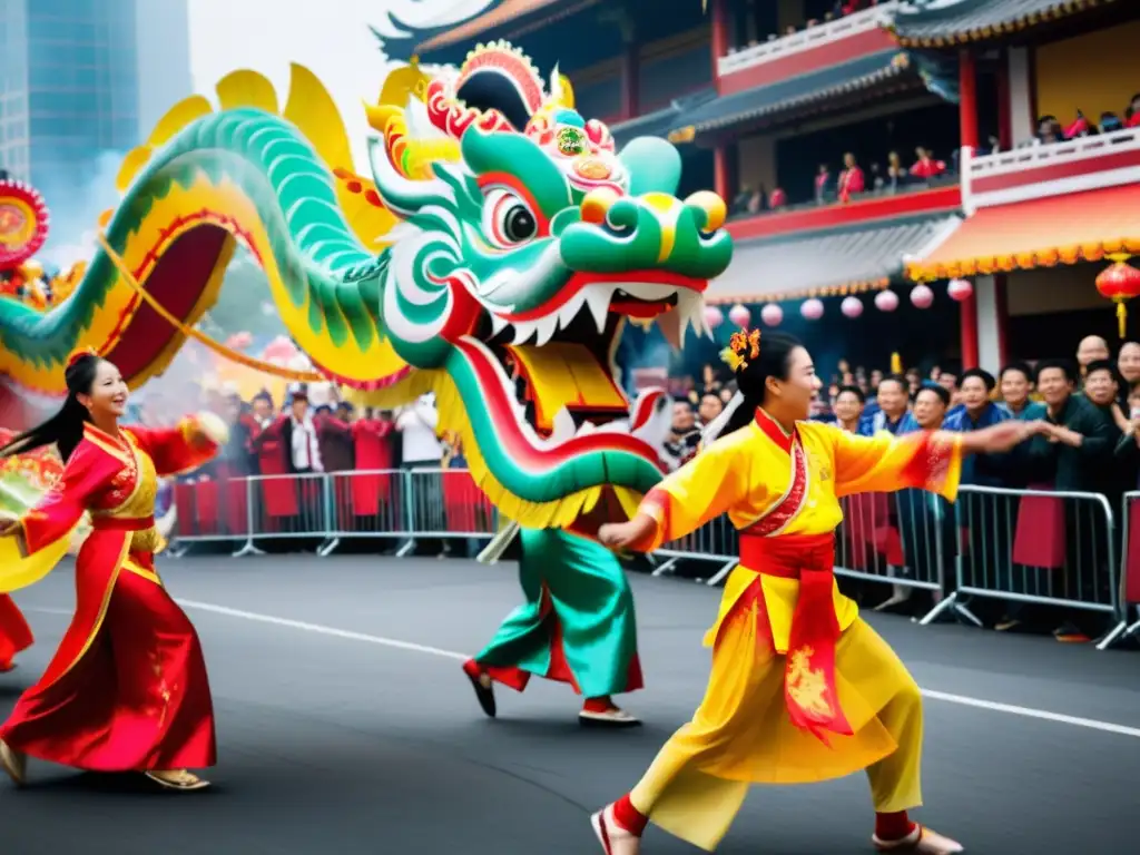 Vibrante danza del dragón en festividad asiática, con trajes coloridos y atmósfera bulliciosa