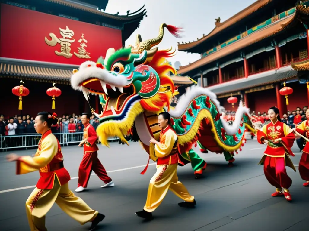 Vibrante danza del dragón en festividades tradicionales chinas, con trajes coloridos y movimientos dinámicos, capturando la rica herencia cultural