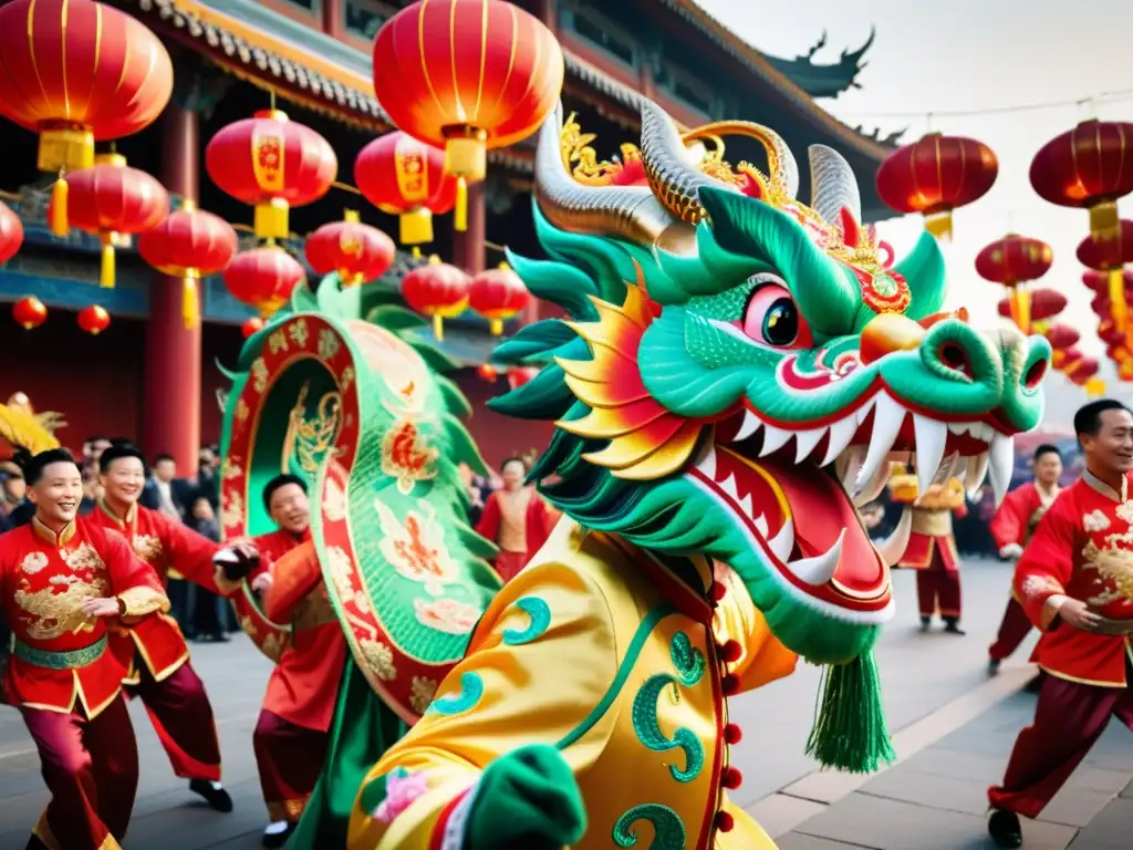 Vibrante danza del dragón en festividades tradicionales chinas