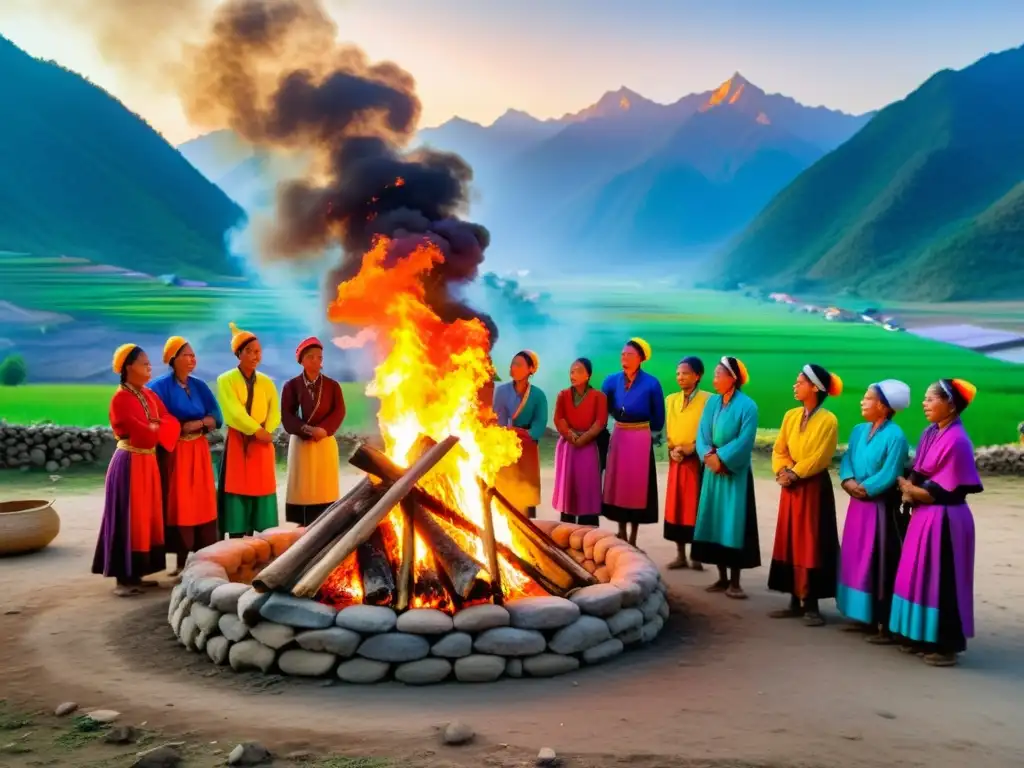 Vibrante danza tradicional alrededor de fogata en pueblo remoto de montañas de Asia