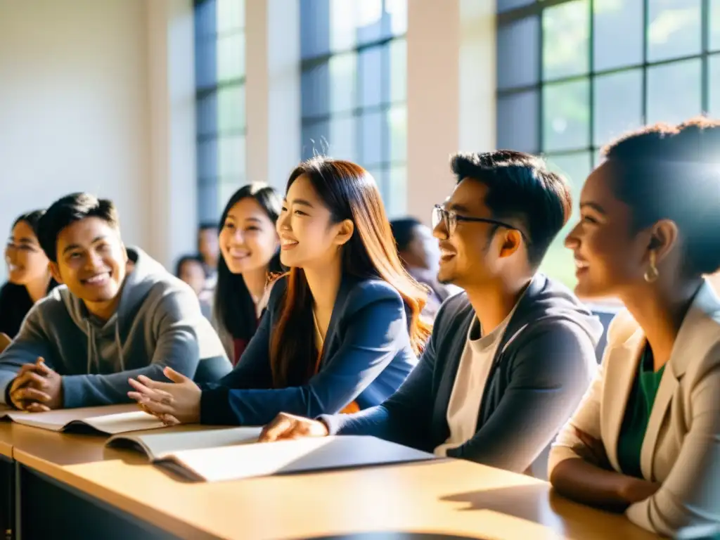 Un vibrante debate en aula universitaria entre estudiantes internacionales de Asia y profesores, creando un ambiente inclusivo y dinámico