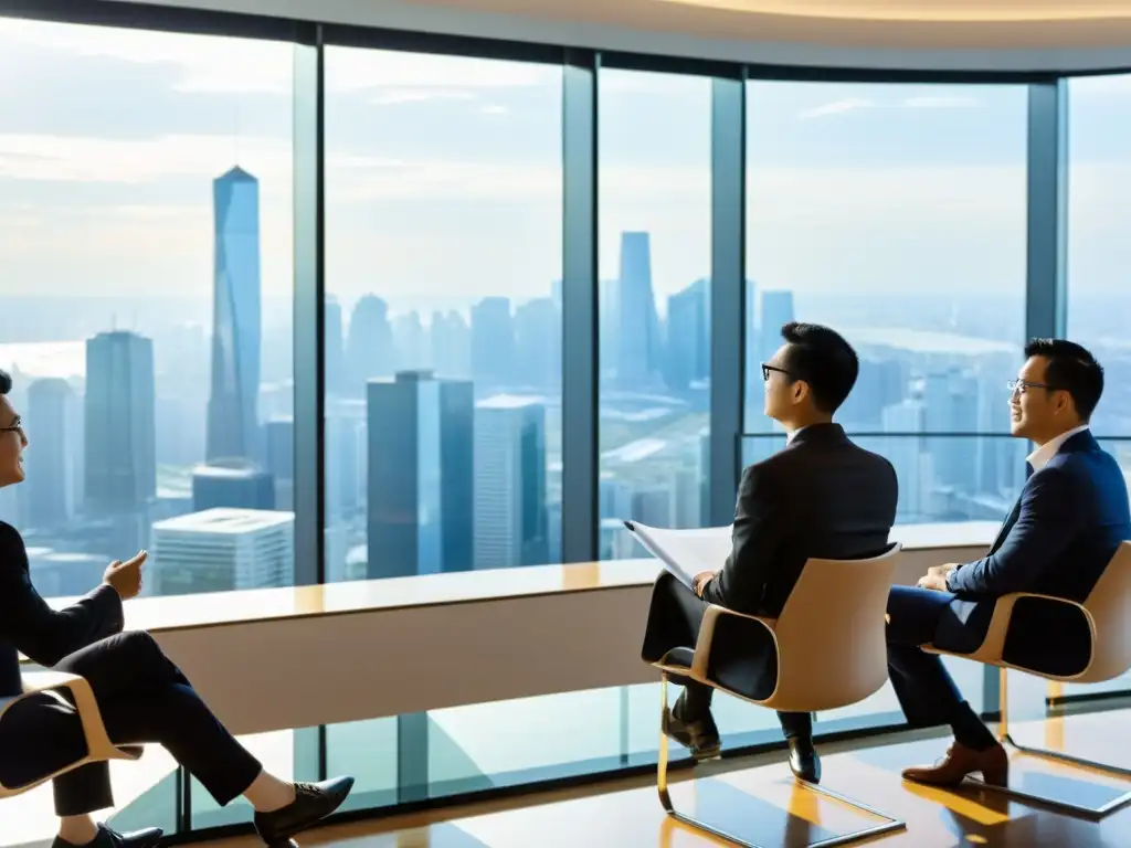 Vibrante debate de estudiantes de MBA de Asia y Occidente en seminario de estrategia empresarial, con impresionante vista de la ciudad