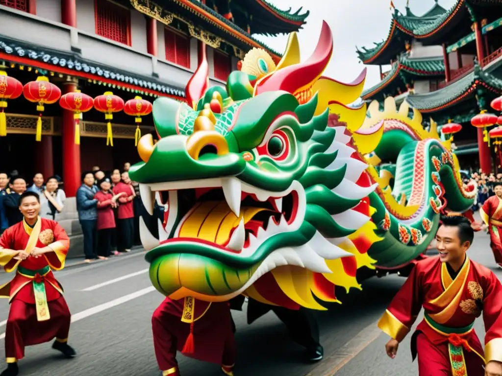 Un vibrante desfile de dragones chinos en la ciudad, con festividades tradicionales chinas danza dragón y espectadores maravillados