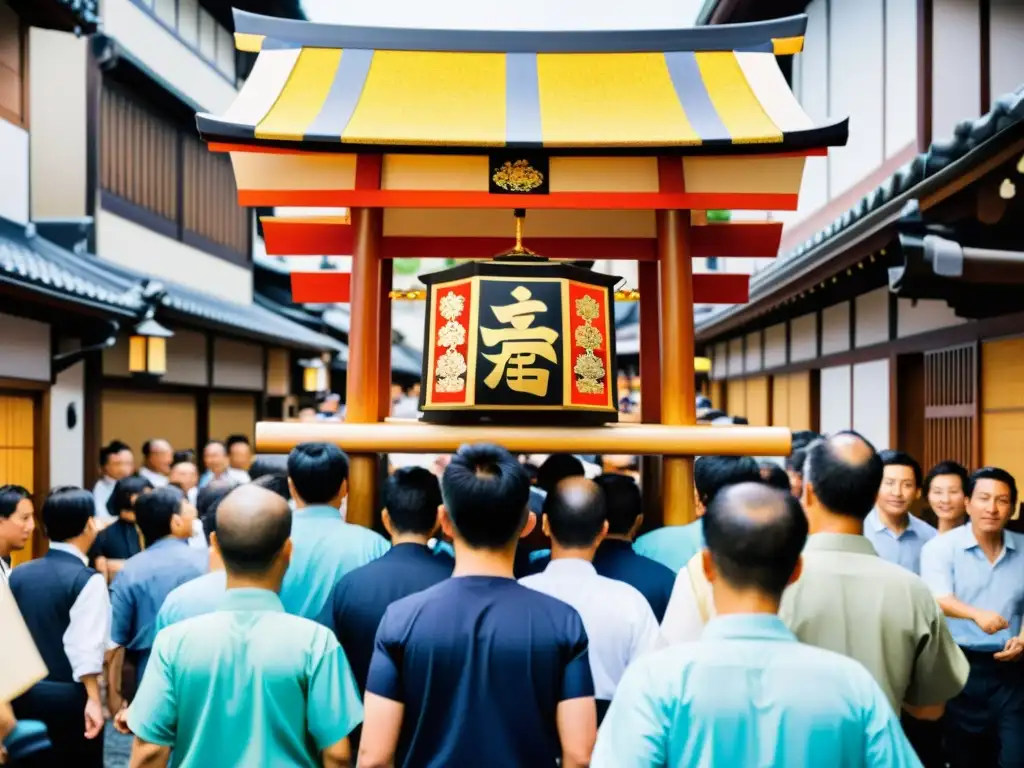 Un vibrante desfile del Matsuri de Gion, con un mikoshi japonés siendo llevado por participantes ataviados con trajes tradicionales