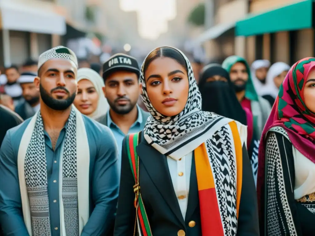 Un vibrante desfile de moda global en una protesta callejera, con el Kuffiyeh Palestino como símbolo de resistencia y tendencia