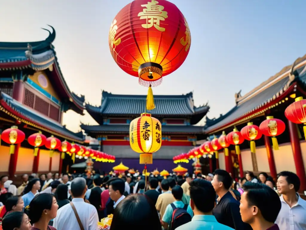 Un vibrante y detallado farol de papel flota sobre una concurrida calle durante el Hungry Ghost Festival tradición asiática, iluminando la bulliciosa escena llena de gente y ofrecimientos