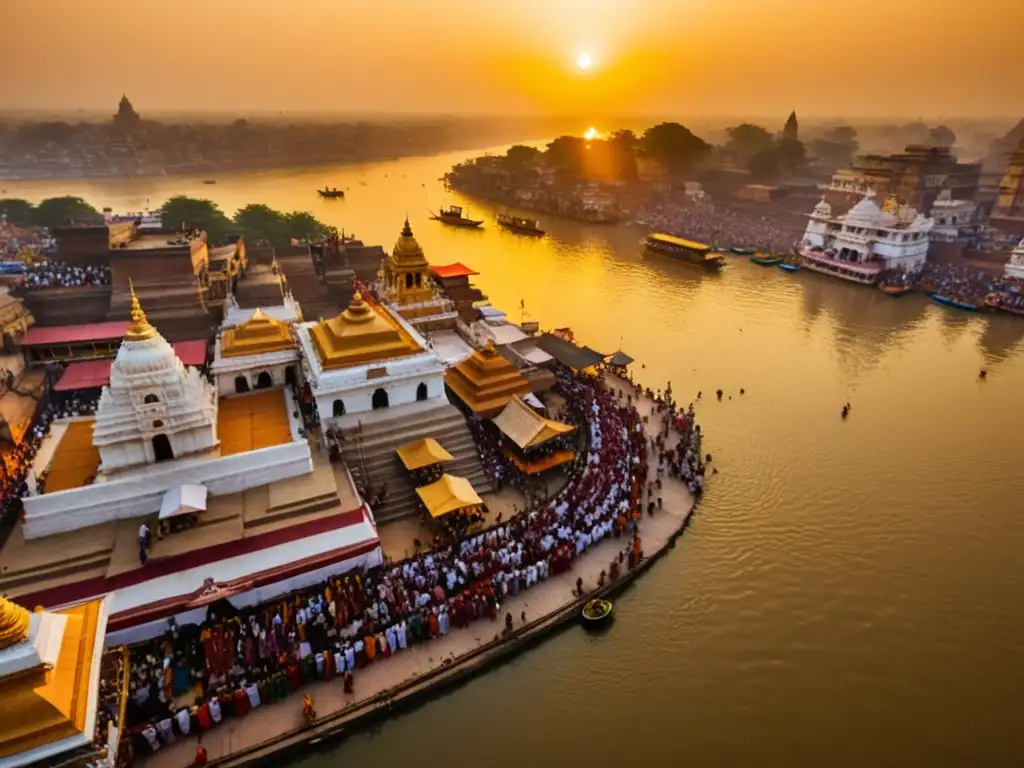 Vibrante peregrinación hindú en Varanasi: devotos realizan rituales en Ghats del Ganges al amanecer, con una atmósfera espiritual y colores sagrados