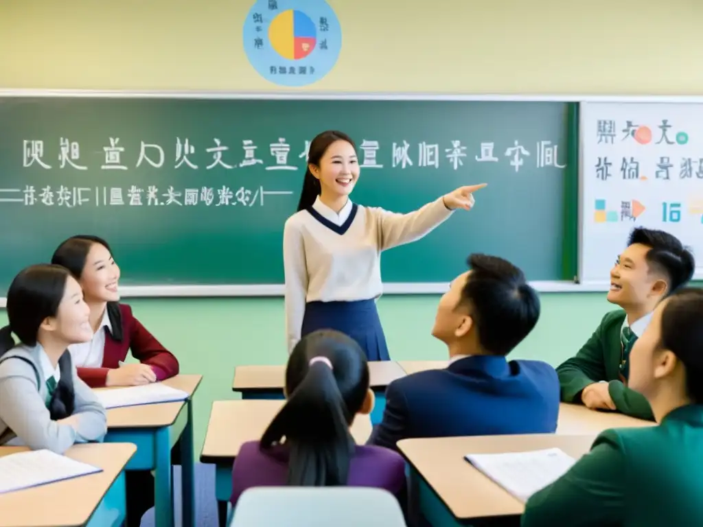 Vibrante discusión en aula china sobre pensamiento crítico en la educación asiática, con estudiantes participativos y maestro sonriente