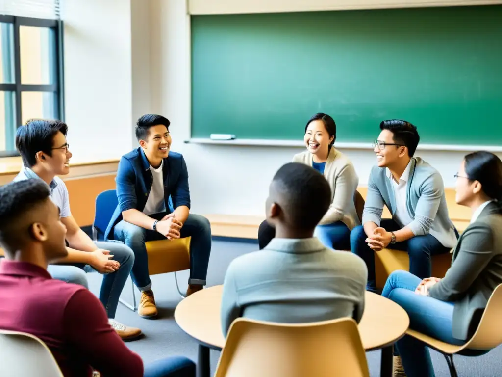 Vibrante discusión universitaria con estudiantes de diferentes culturas, reflejando la integración de la cultura asiática en la educación superior